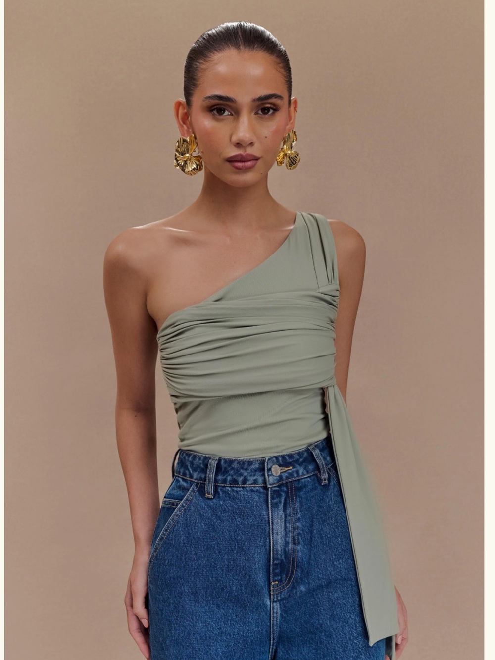 Sera One Shoulder Recycled Nylon Top With Drape - Basil